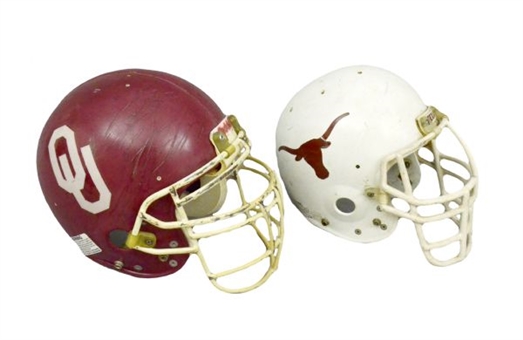 Red River Rivalry Game Used Football Helmet Lot of (2) Texas Longhorns & Oklahoma Sooners